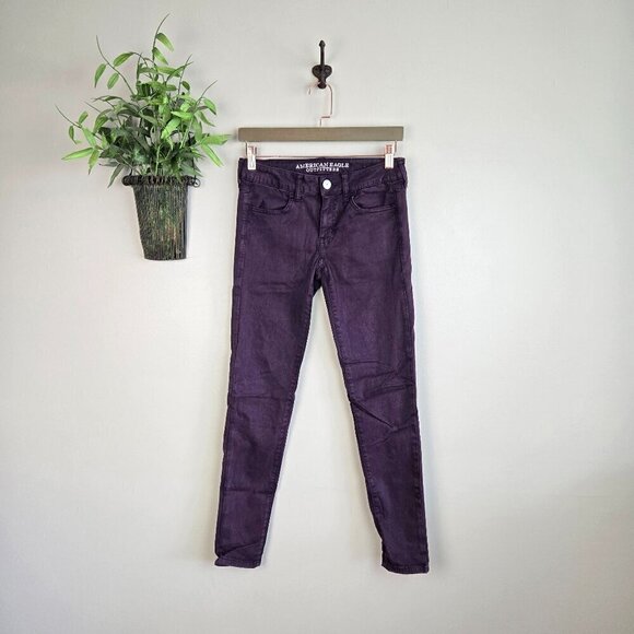 AE 4 Jegging Low Rise Plum Skinny Sateen Purple Stretch Jeans American Eagle - Picture 1 of 12